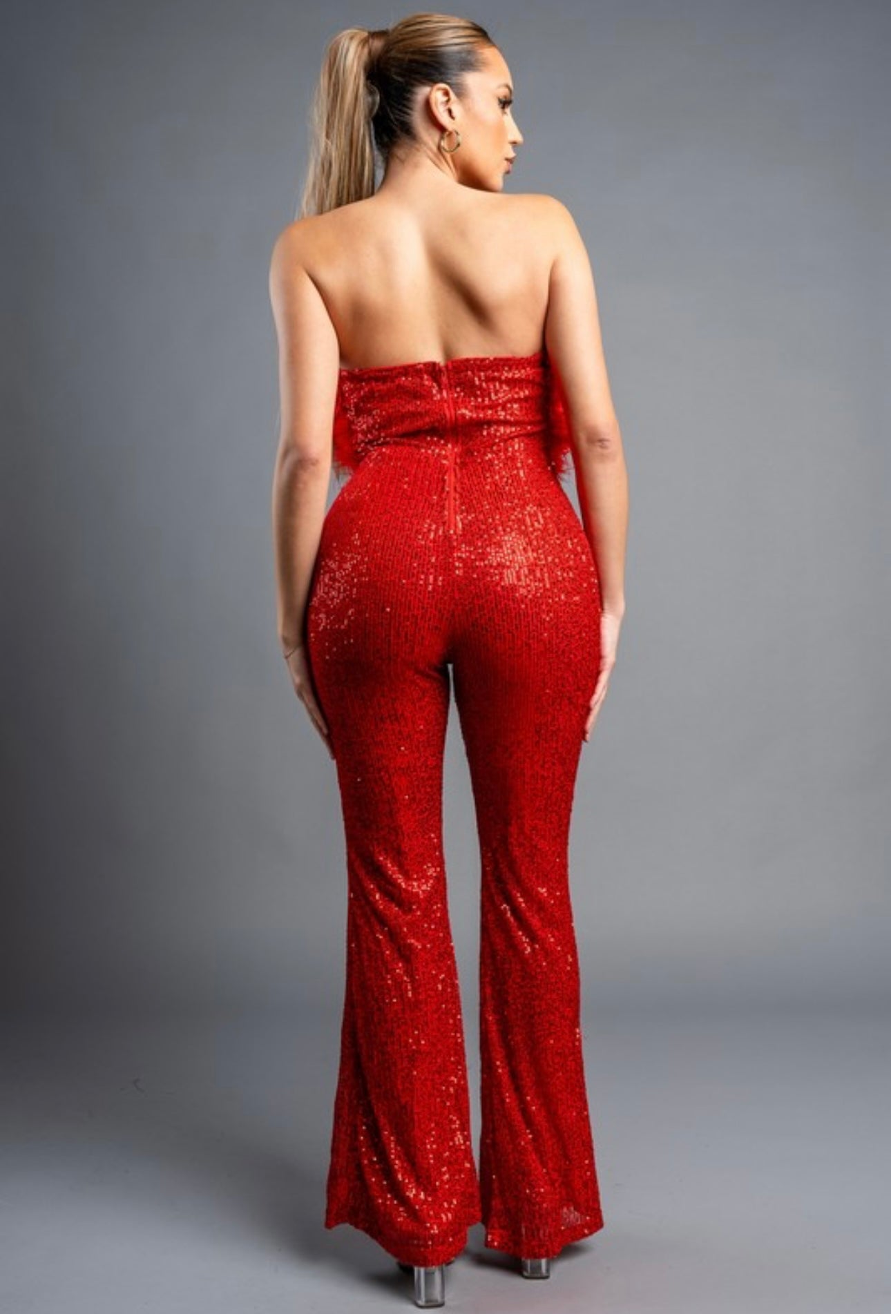 Marilyn Red Strapless Faux Fur Trim Jumpsuit