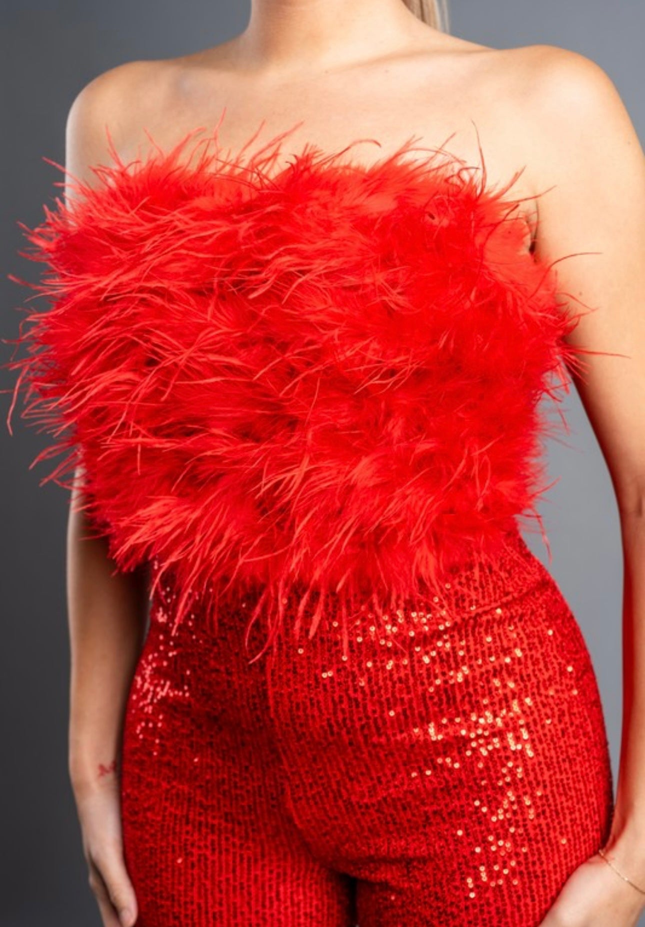Marilyn Red Strapless Faux Fur Trim Jumpsuit