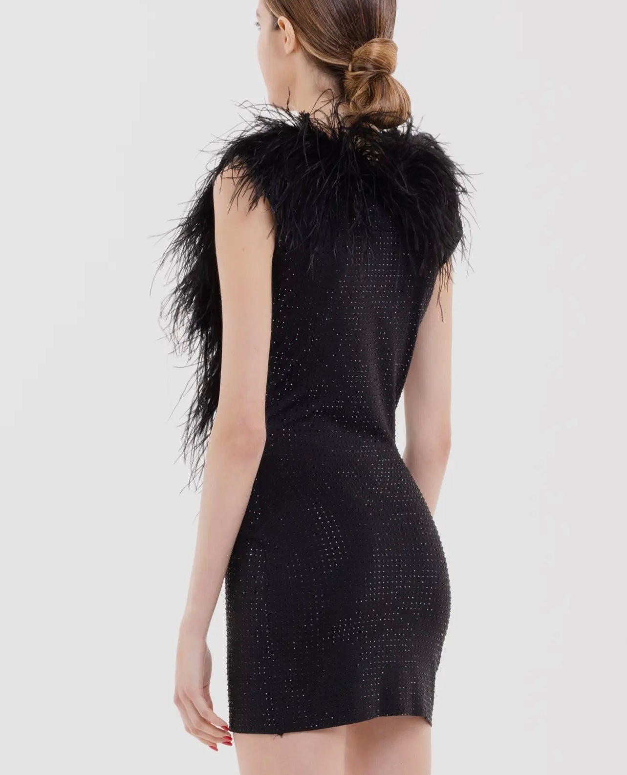 Jillia Crystal Embellished Mini Dress with Deep V and Feather Trim