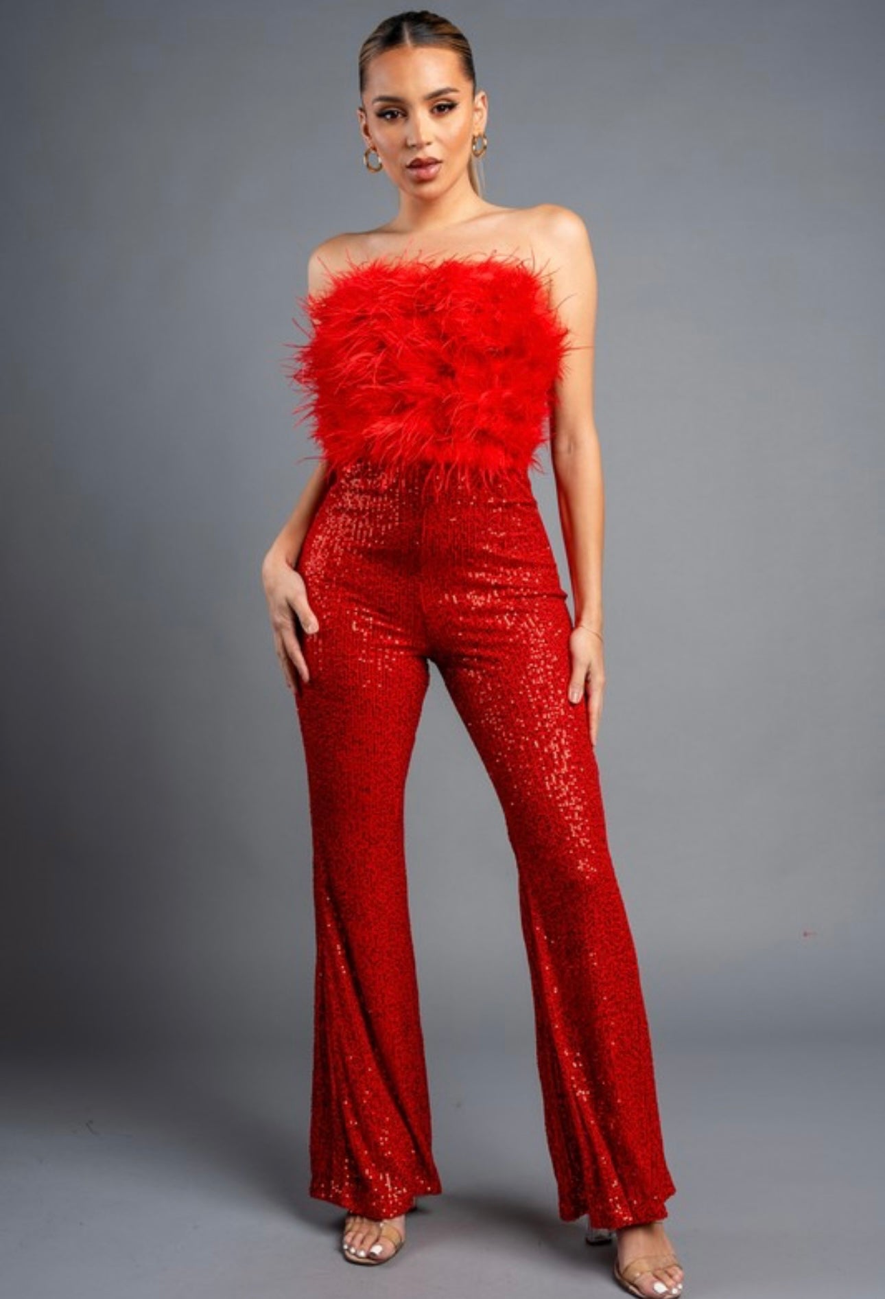Marilyn Red Strapless Faux Fur Trim Jumpsuit