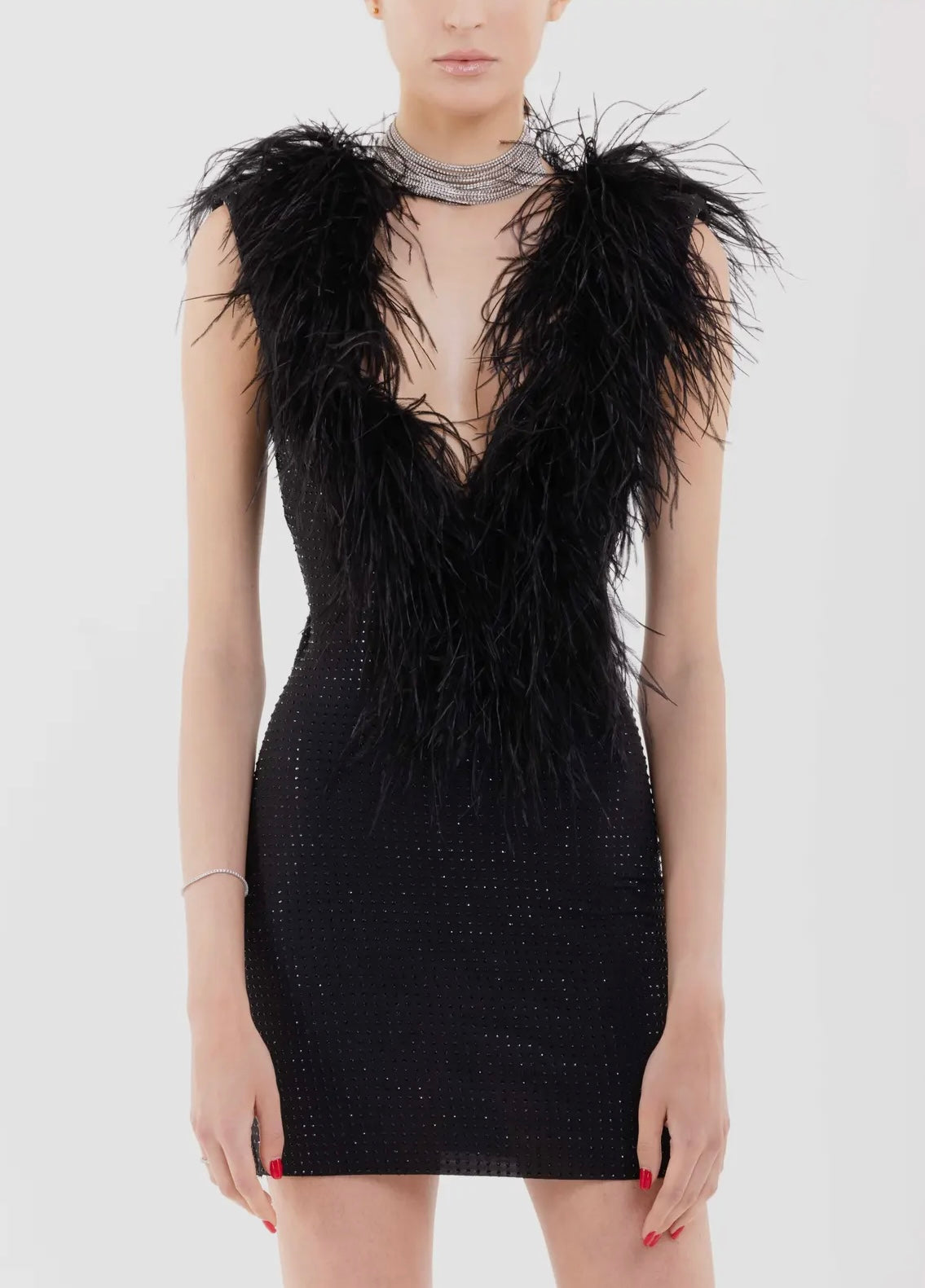 Jillia Crystal Embellished Mini Dress with Deep V and Feather Trim