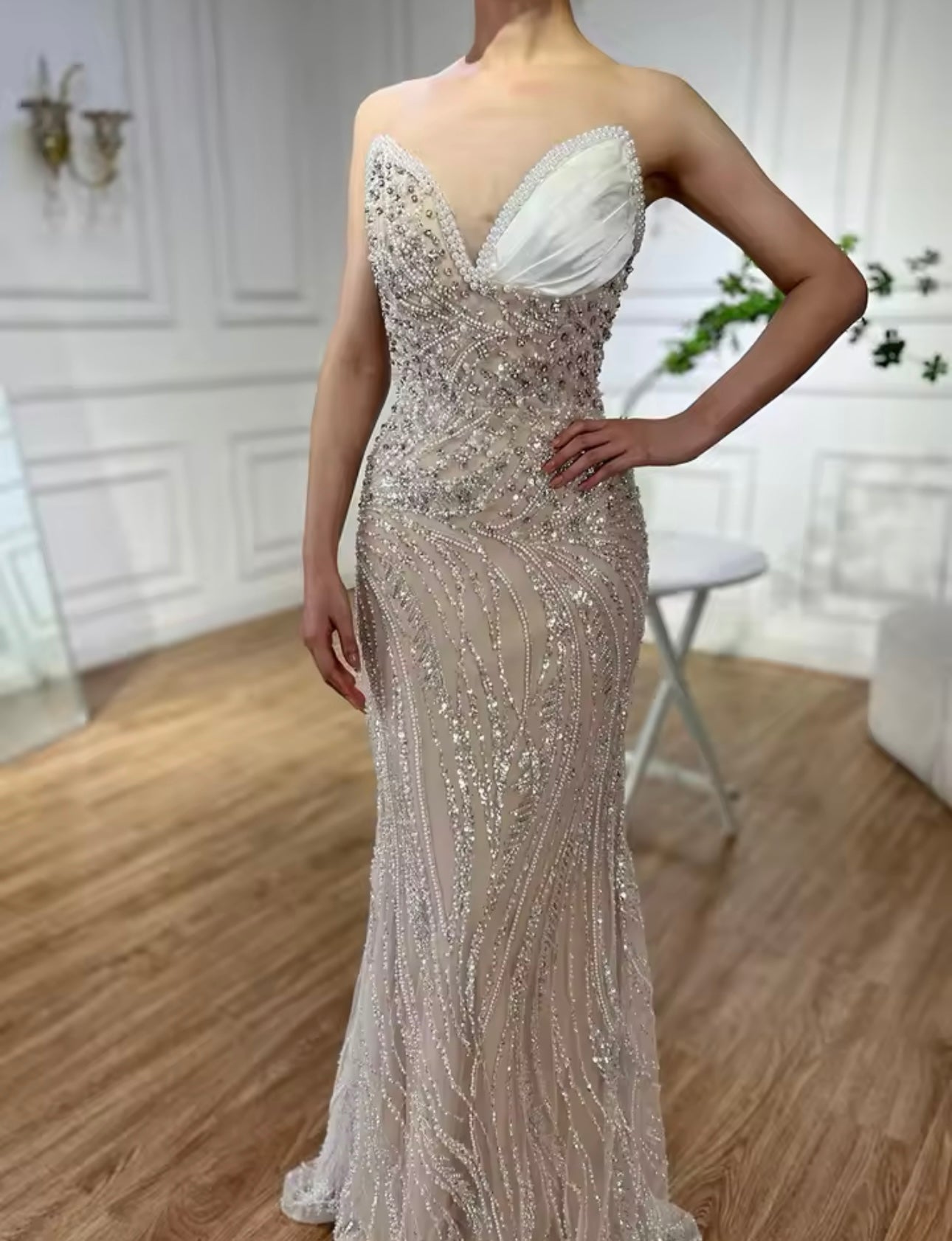 Ariella White Champagne Strapless Pointed Bodice Pearl Bead Embellished Gown
