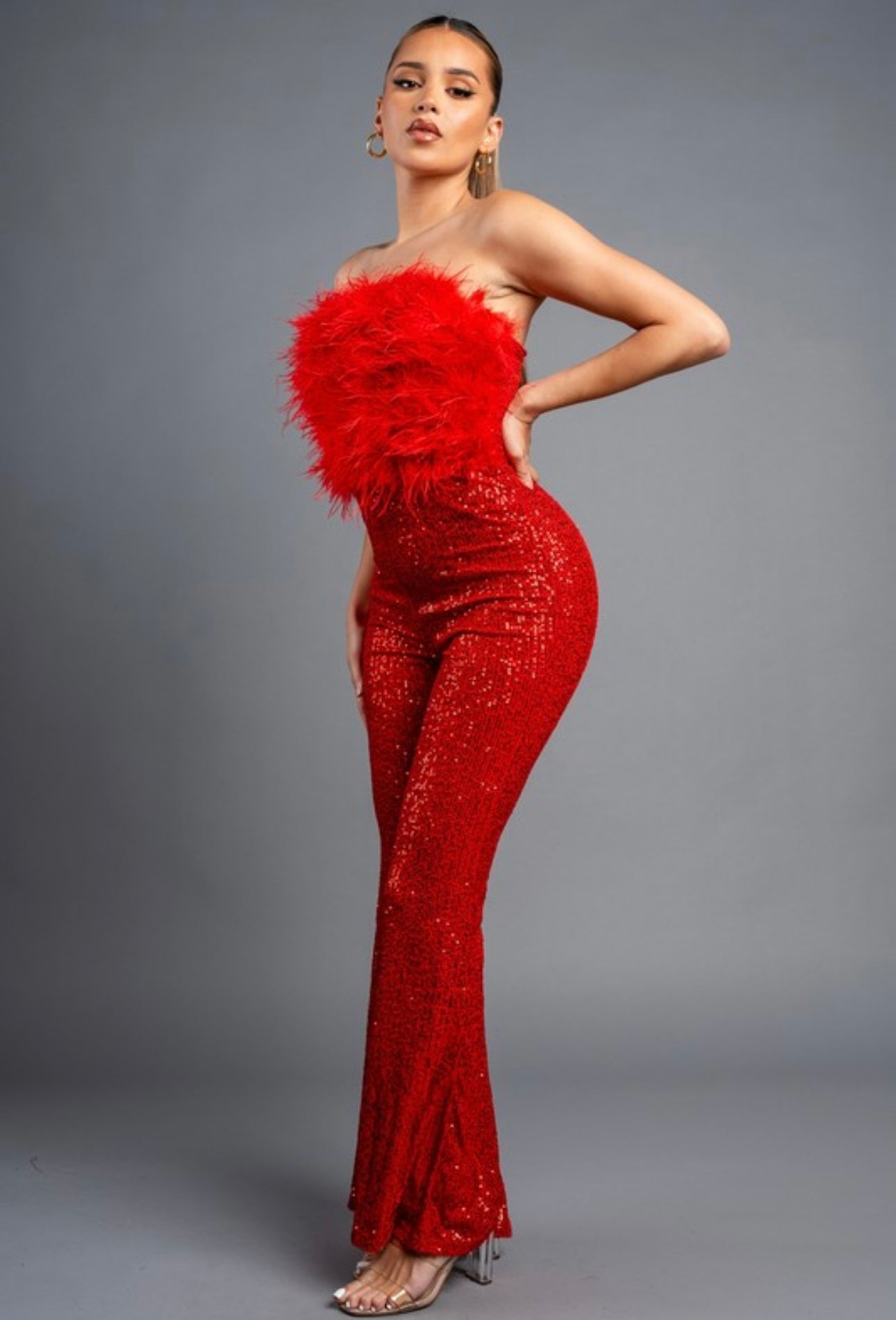 Marilyn Red Strapless Faux Fur Trim Jumpsuit