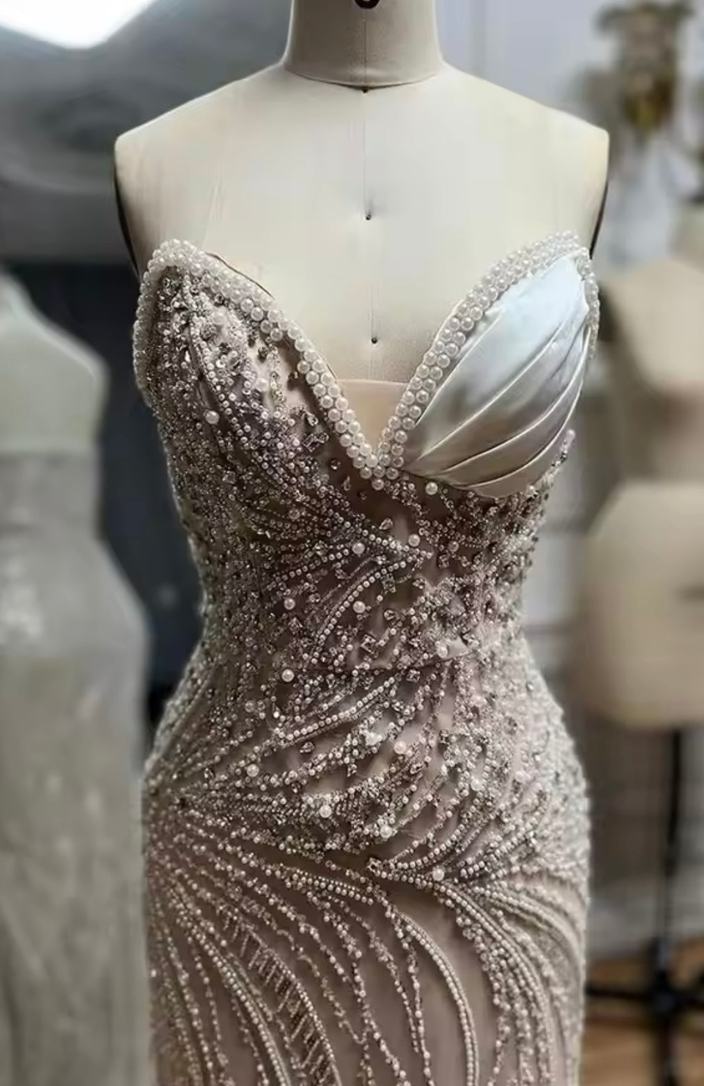 Ariella White Champagne Strapless Pointed Bodice Pearl Bead Embellished Gown