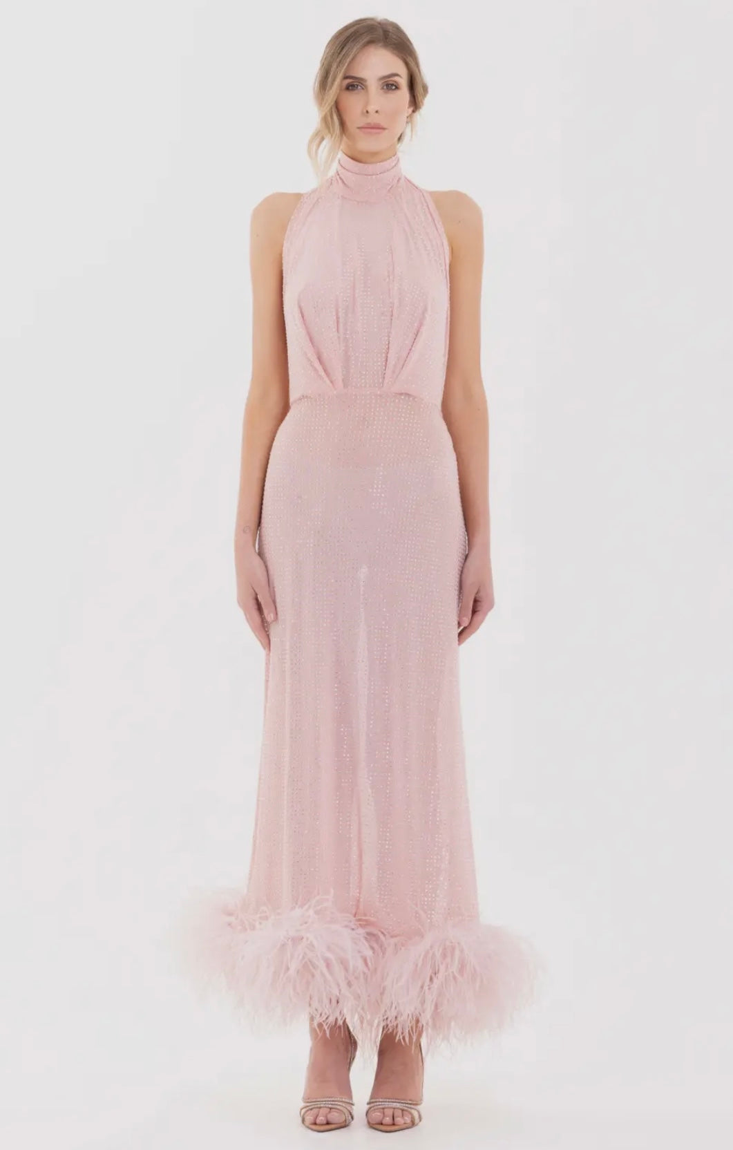 Halter Backless Crystal and Feather Trim Maxi Dress