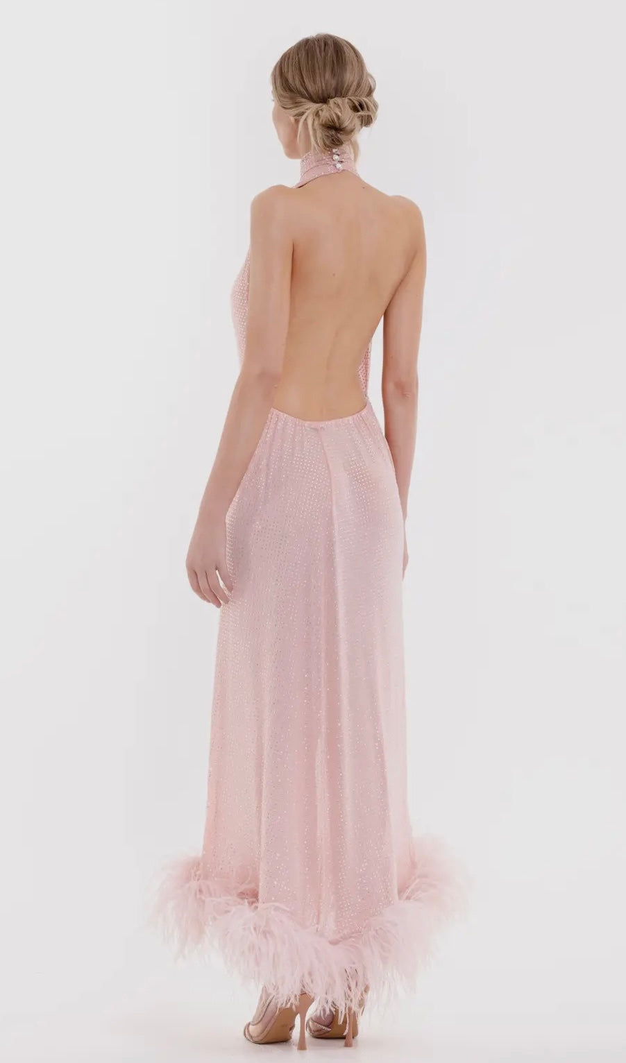 Halter Backless Crystal and Feather Trim Maxi Dress Back