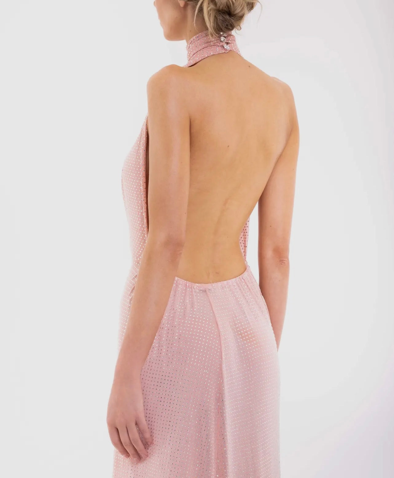 Halter Backless Crystal and Feather Trim Maxi Dress Clos up back