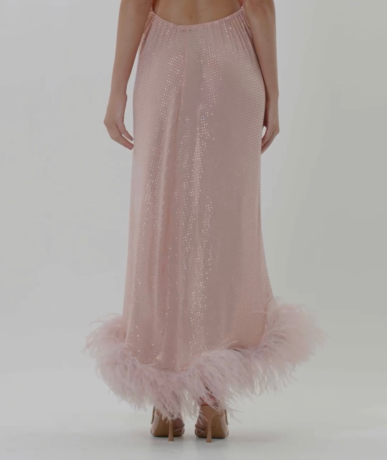 Halter Backless Crystal and Feather Trim Maxi Dress Back feather