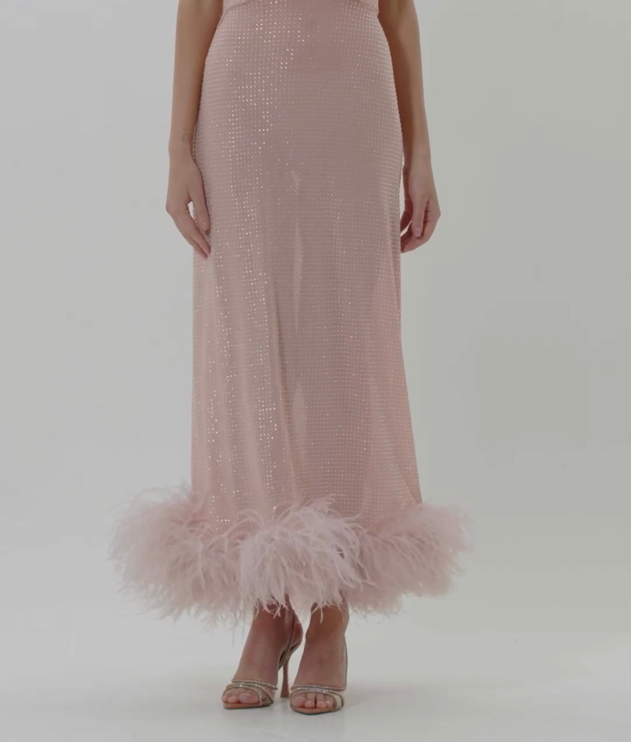 Halter Backless Crystal and Feather Trim Maxi Dress Feathers
