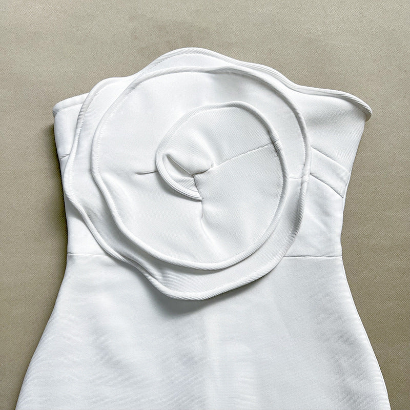 Renata White Strapless 3D Flower Midi Bandage Dress