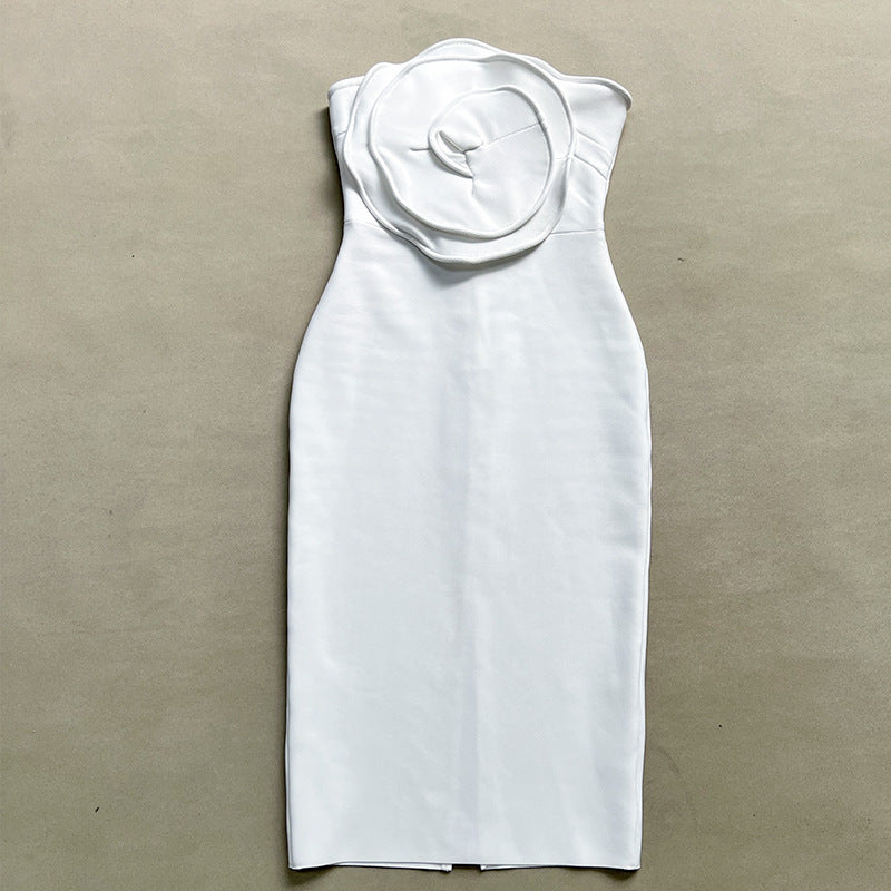 Renata White Strapless 3D Flower Midi Bandage Dress