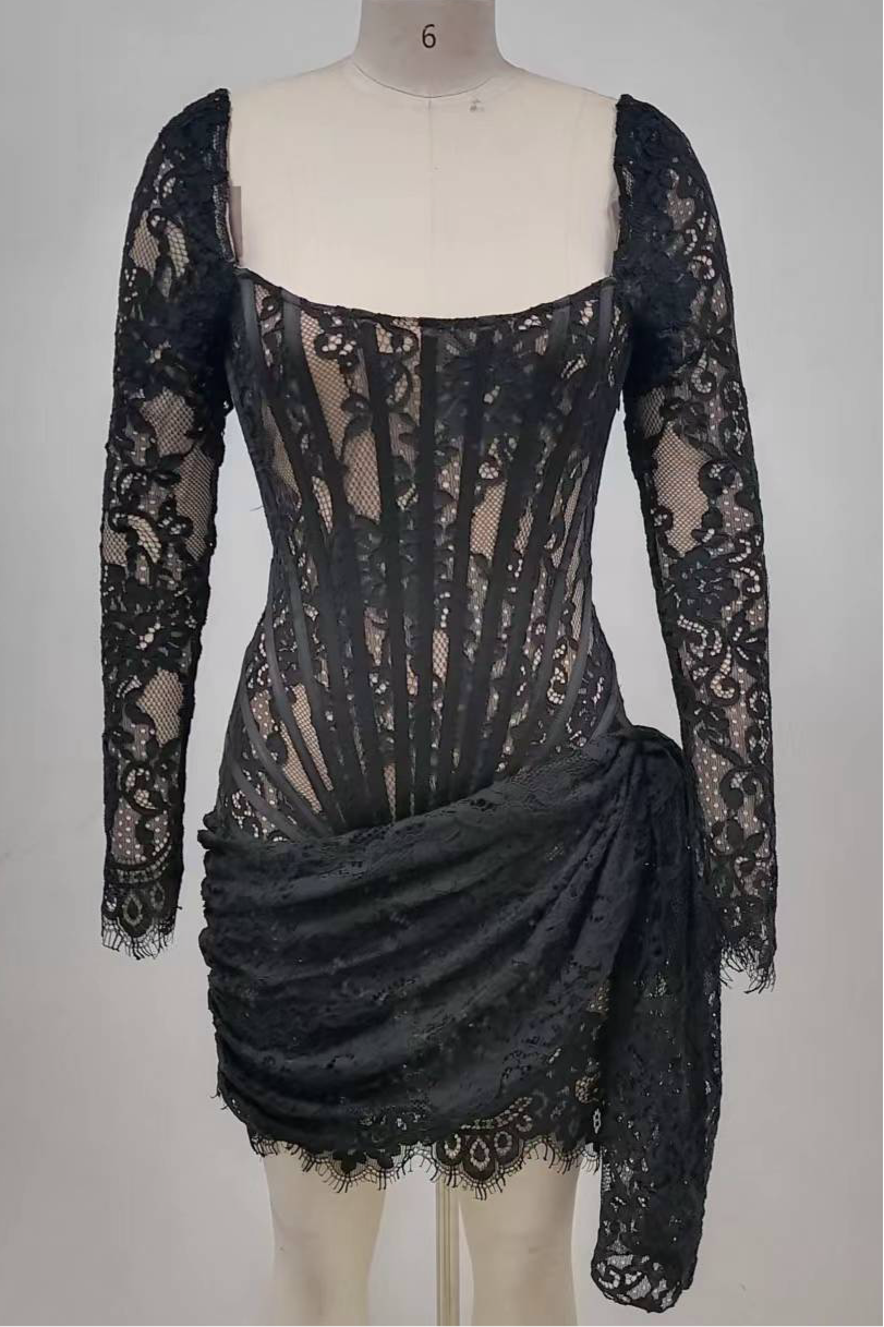 Vanessa Long Sleeve Black Lace Corset Draped Mini Dress