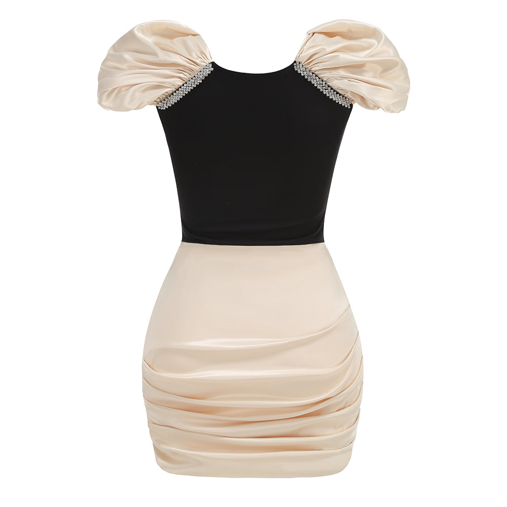 Lavinia Ivory Short Puff Sleeve Black Bodice Ruched Ivory Skirt Mini Dress