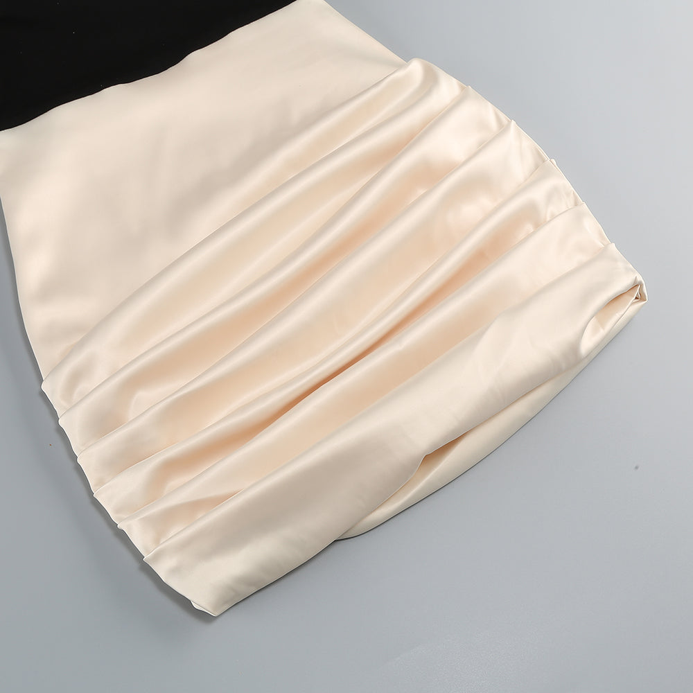 Lavinia Ivory Short Puff Sleeve Black Bodice Ruched Ivory Skirt Mini Dress