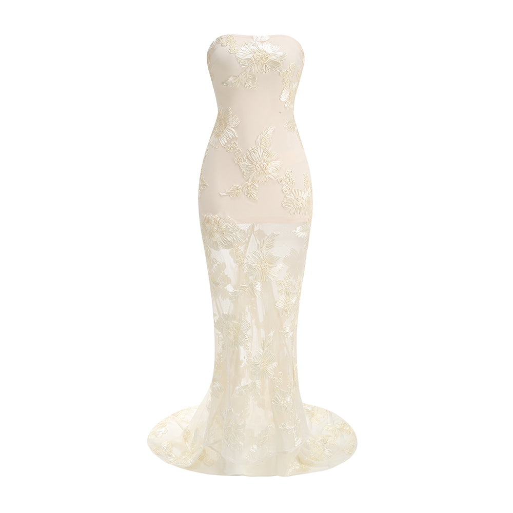 Chantal Ivory Strapless Floral Embroidered Maxi Dress with Train