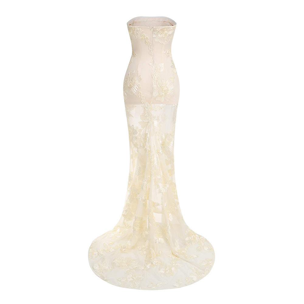 Chantal Ivory Strapless Floral Embroidered Maxi Dress with Train