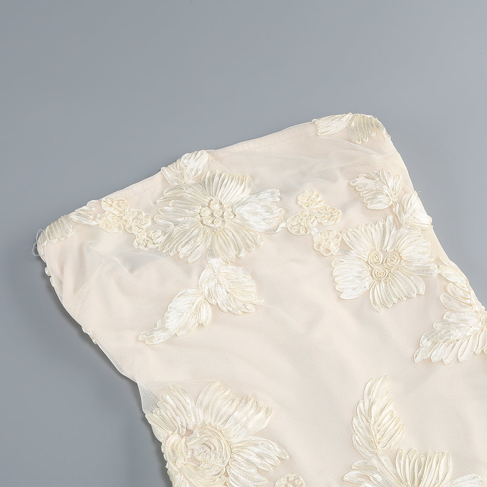 Chantal Ivory Strapless Floral Embroidered Maxi Dress with Train