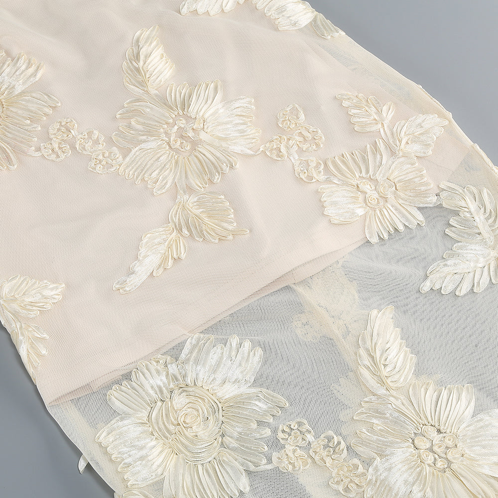 Chantal Ivory Strapless Floral Embroidered Maxi Dress with Train