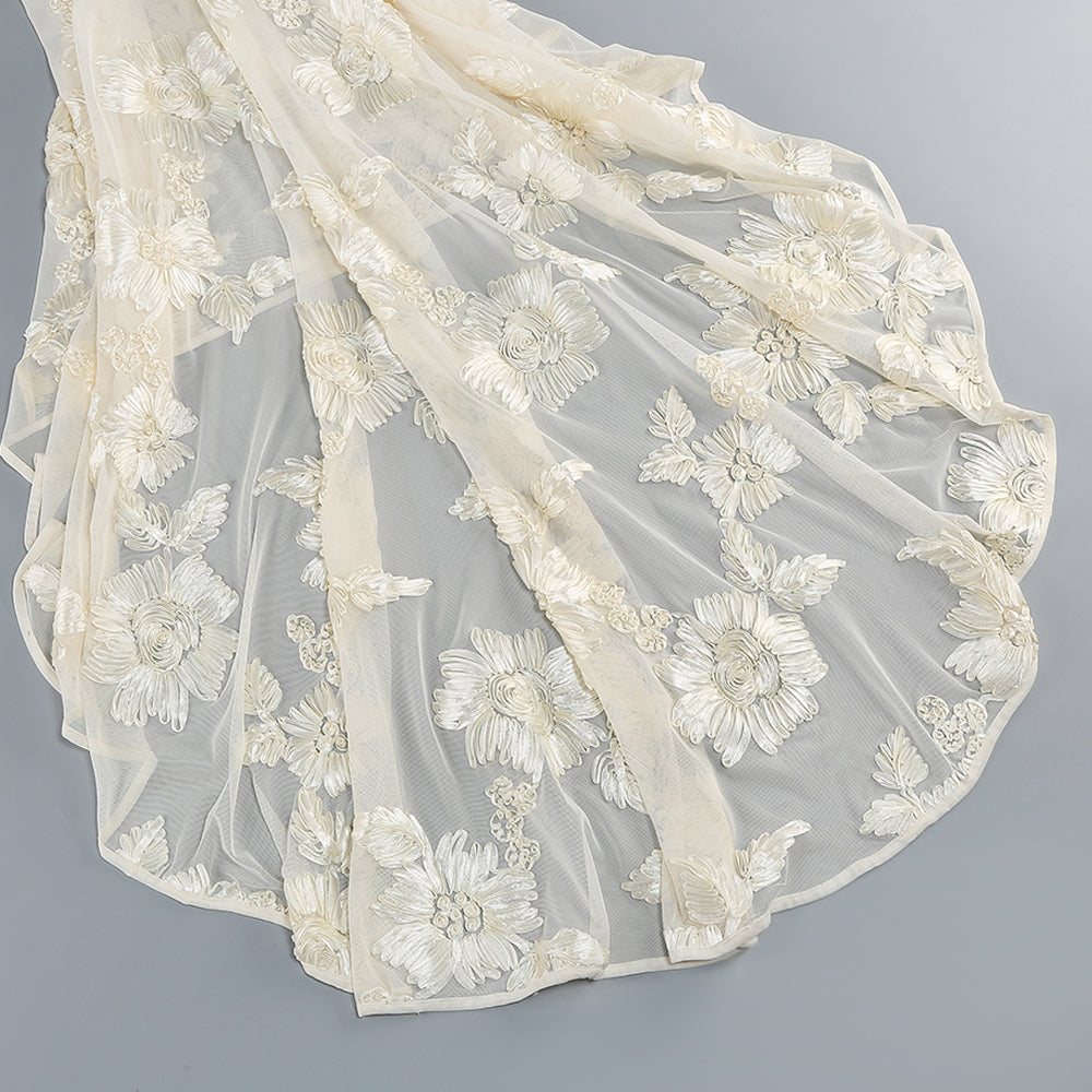 Chantal Ivory Strapless Floral Embroidered Maxi Dress with Train