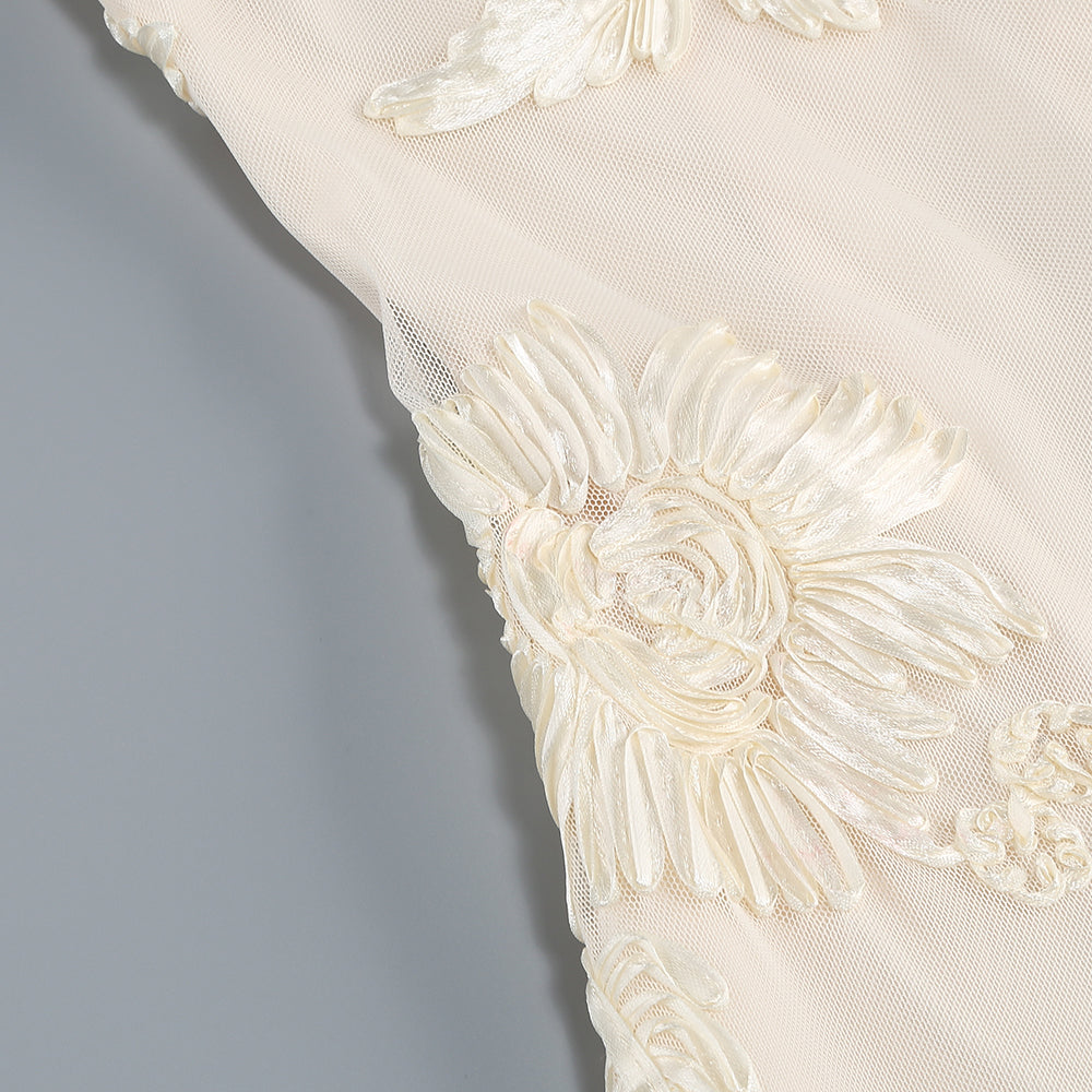 Chantal Ivory Strapless Floral Embroidered Maxi Dress with Train