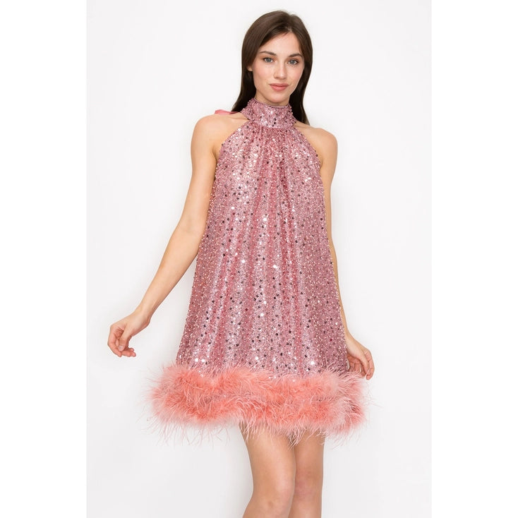 Leighton Blush Sleeveless Sequin Halter A Line Mini Dress with Feather Hem