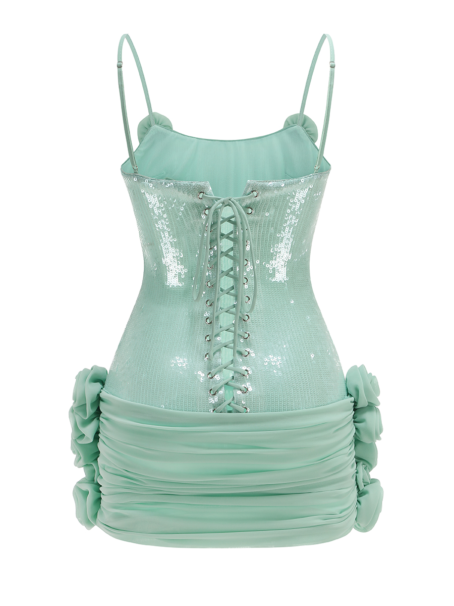 Mora Mint Sequin Rosette Detail Lace Back Ruched Mini Dress