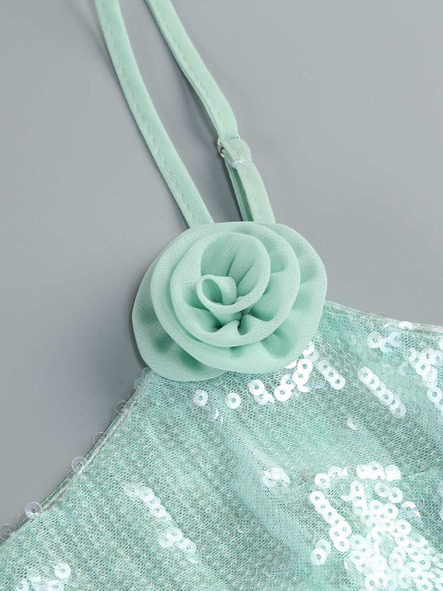 Mora Mint Sequin Rosette Detail Lace Back Ruched Mini Dress