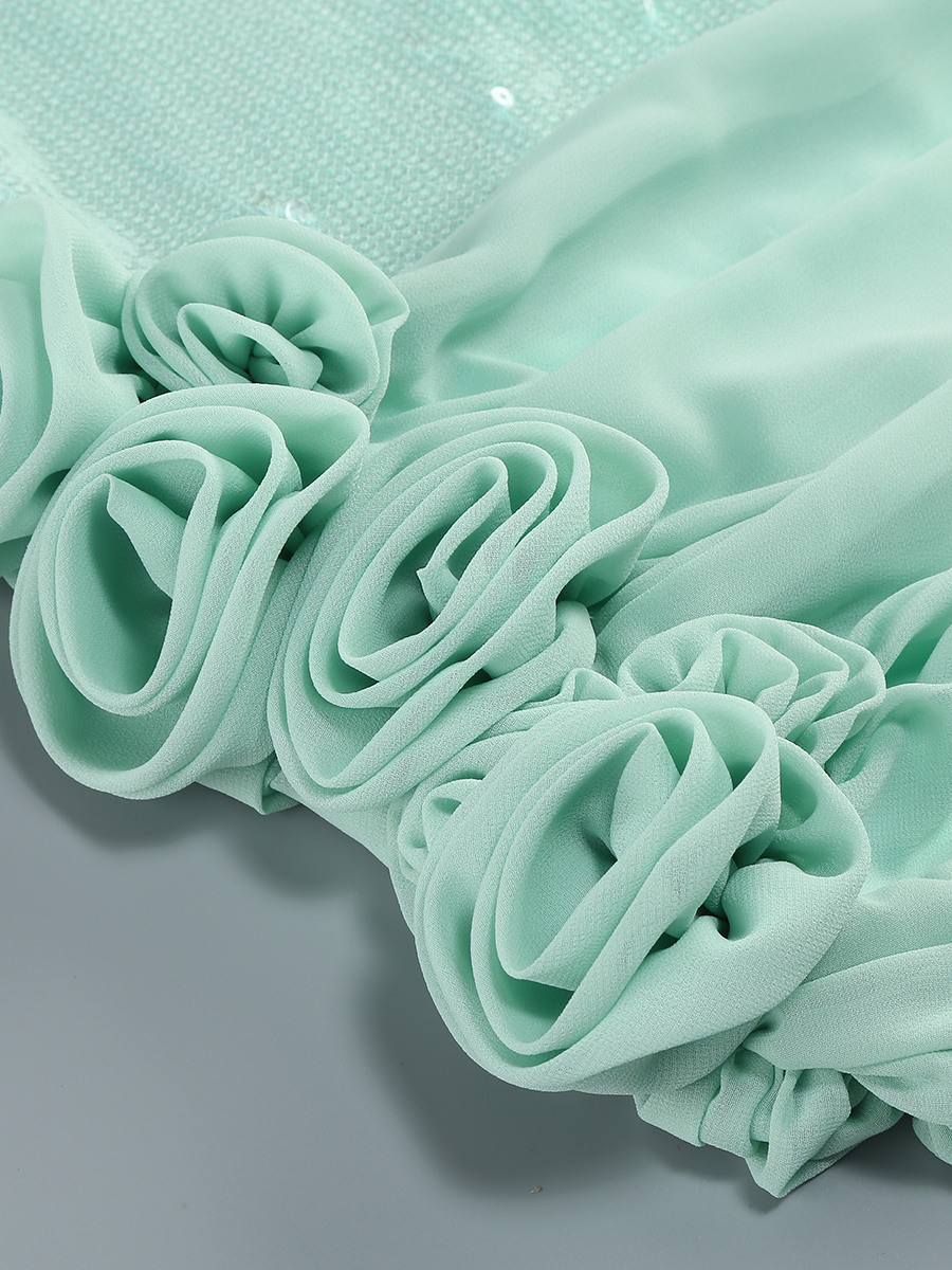 Mora Mint Sequin Rosette Detail Lace Back Ruched Mini Dress