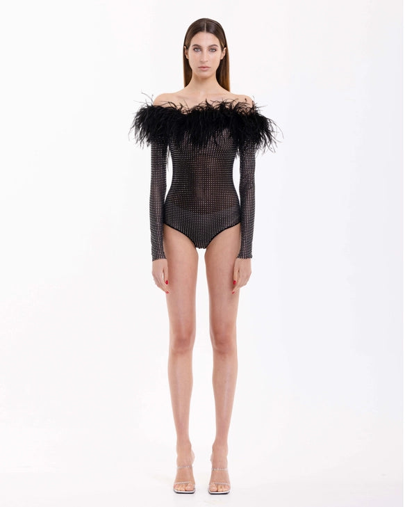 Guiliana Off Shoulder Feather Trim Rhinestone Bodysuit