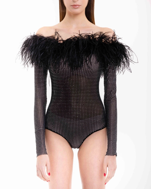 Guiliana Off Shoulder Feather Trim Rhinestone Bodysuit