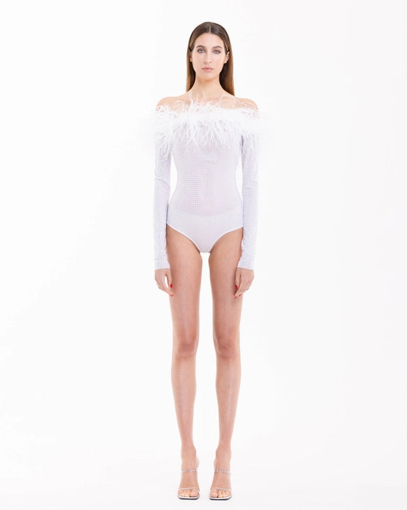 Guiliana Off Shoulder Feather Trim Rhinestone Bodysuit