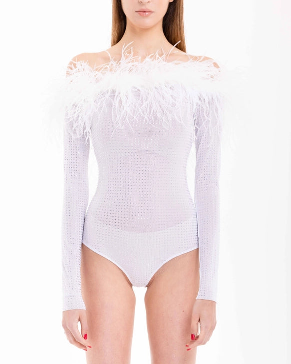 Guiliana Off Shoulder Feather Trim Rhinestone Bodysuit