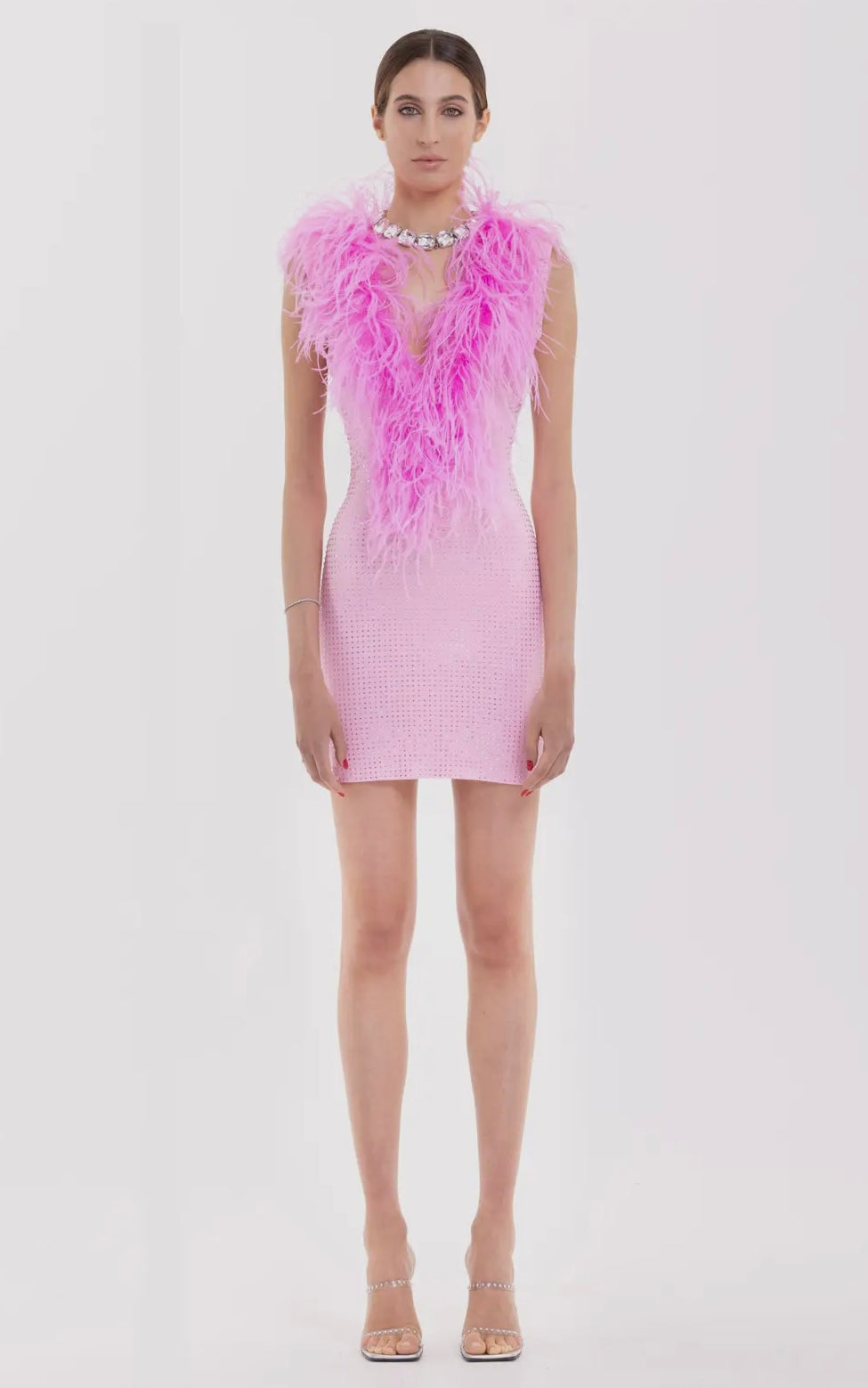 Pink Crystal Embellished Mini Dress with Deep V and Feather Trim