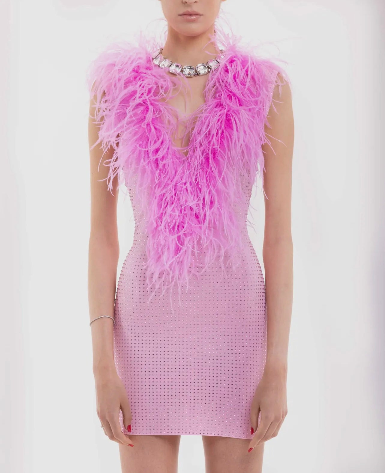 Pink Crystal Embellished Mini Dress with Deep V and Feather Trim Close up