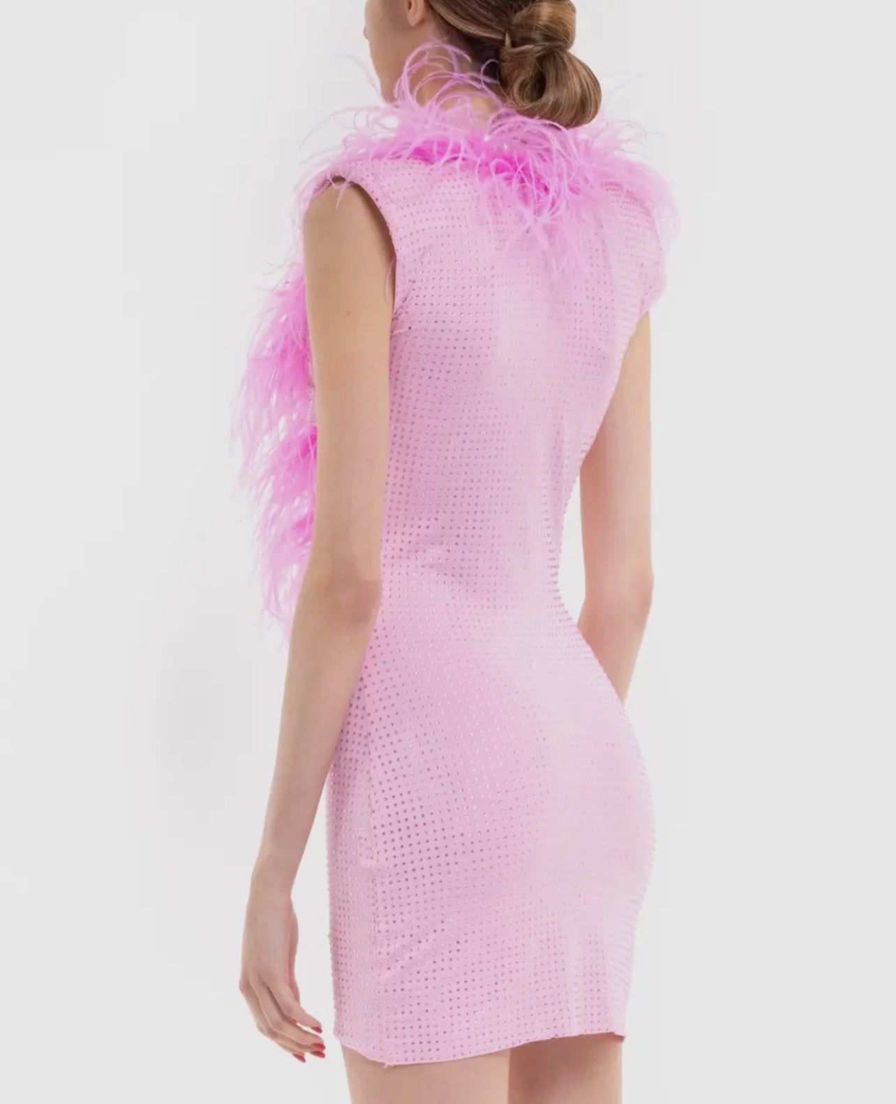 Pink Crystal Embellished Mini Dress with Deep V and Feather Trim close up back