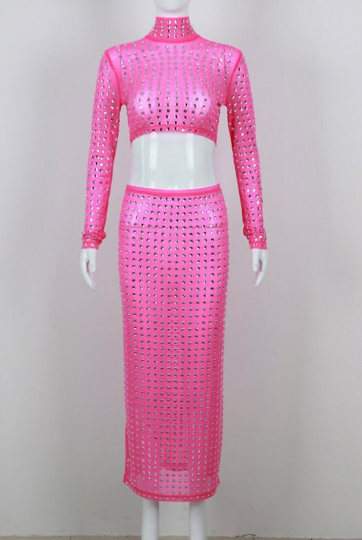 Jenna Pink Crystal Mock Neck Crop Top and Midi Skirt Set