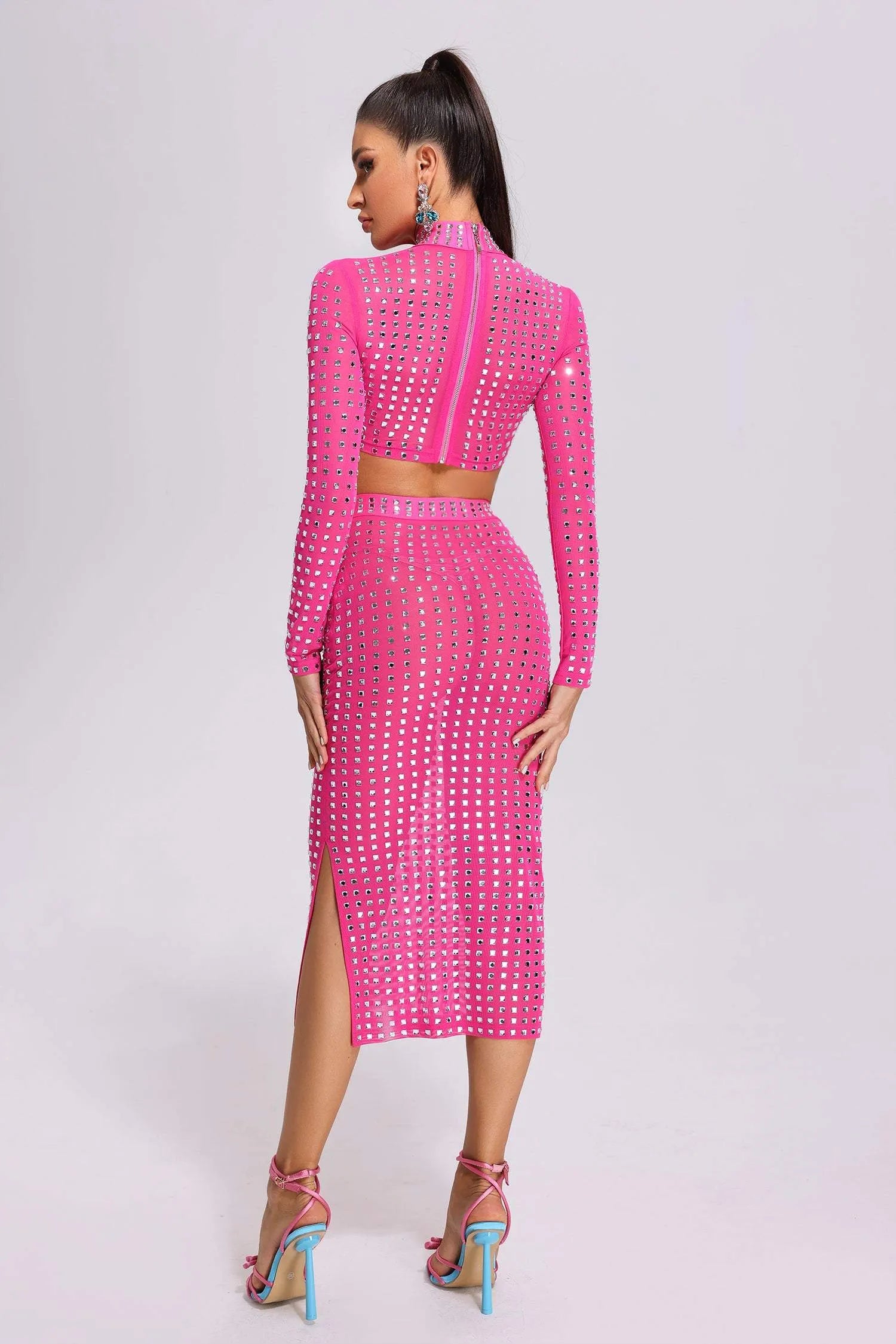 Jenna Pink Crystal Mock Neck Crop Top and Midi Skirt Set