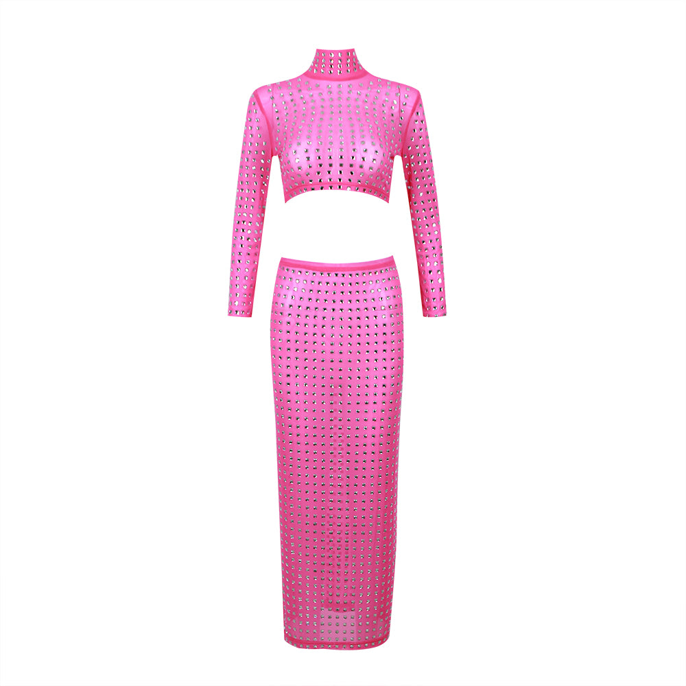 Jenna Pink Crystal Mock Neck Crop Top and Midi Skirt Set