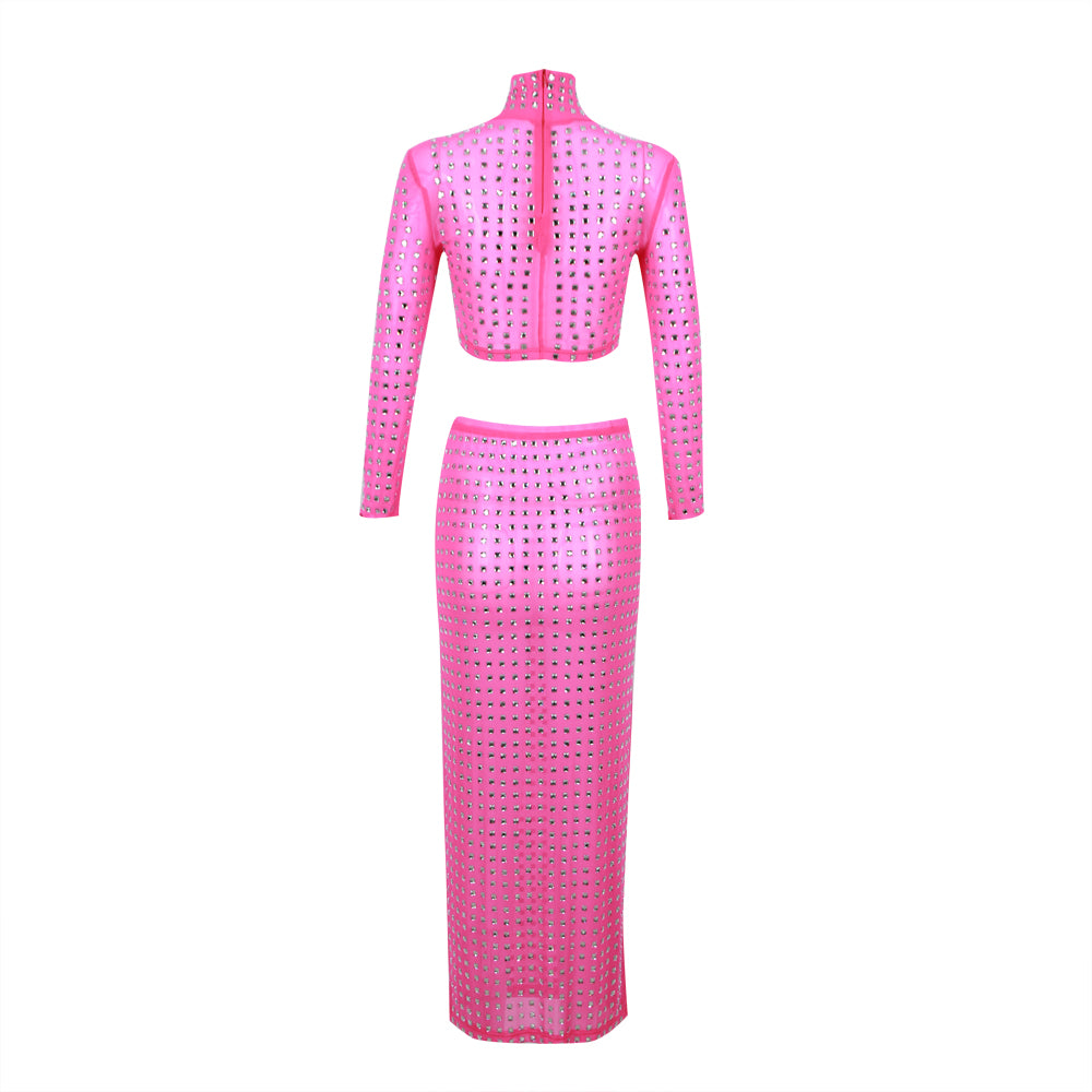Jenna Pink Crystal Mock Neck Crop Top and Midi Skirt Set