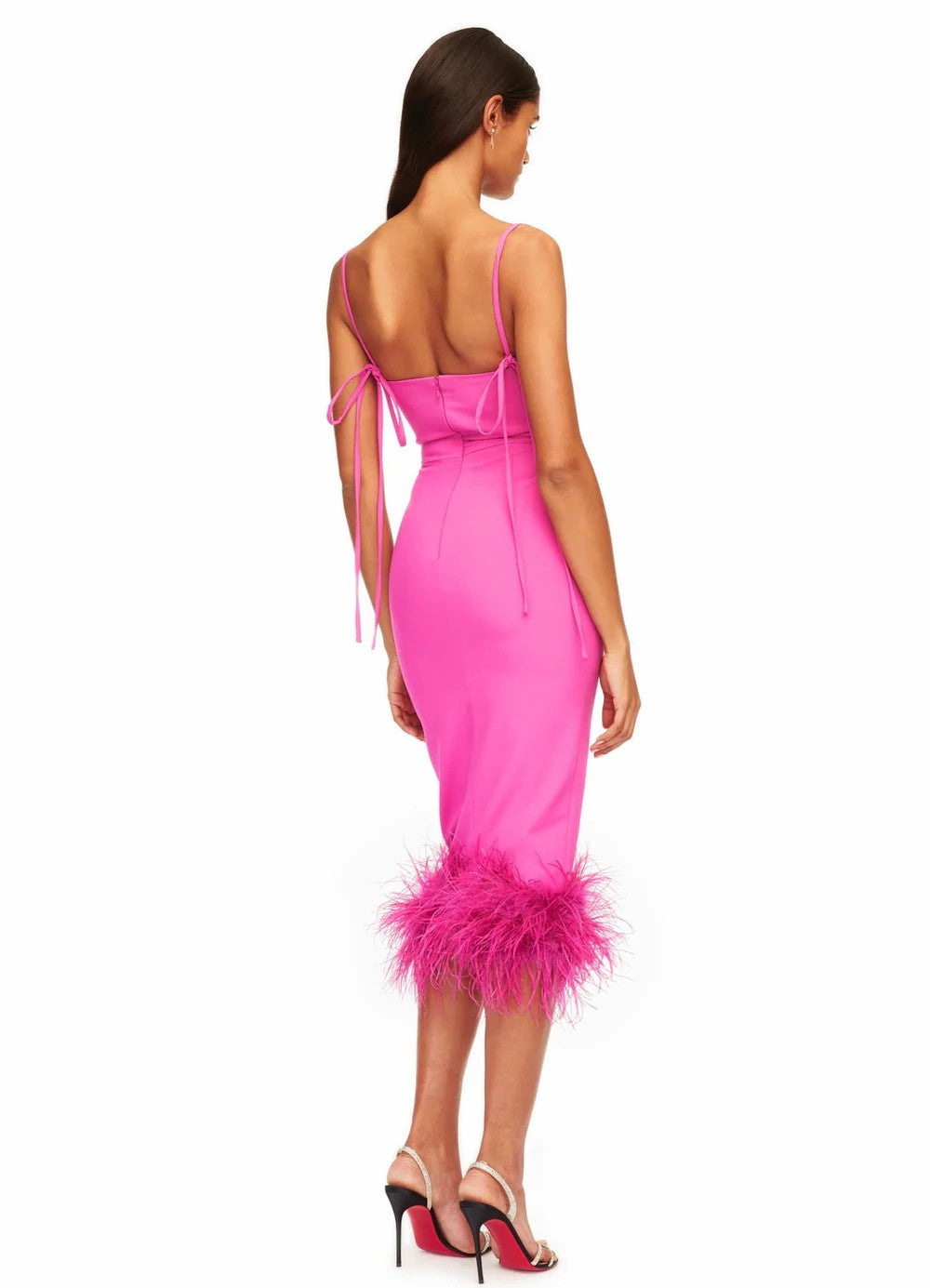 Drew Fuchsia Sleeveless Feather Trim Midi Dress