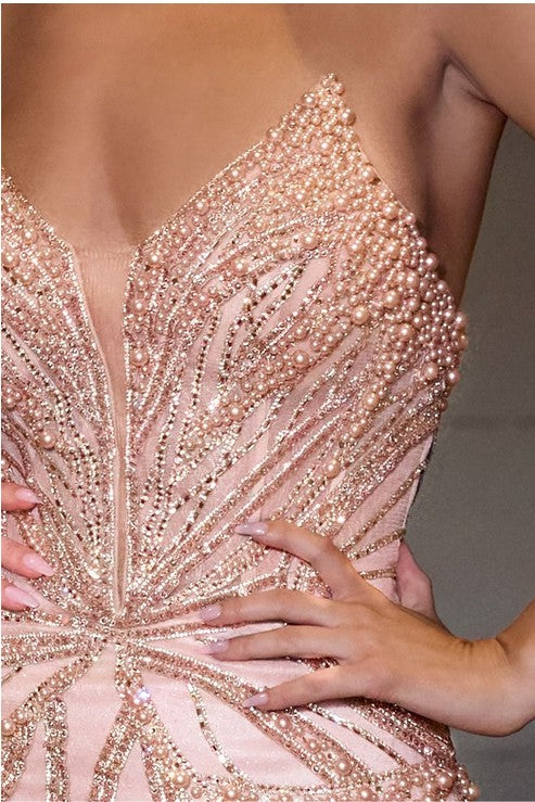 Octavia Pointed Bodice Pearl Bead Embellished Mermaid Gown