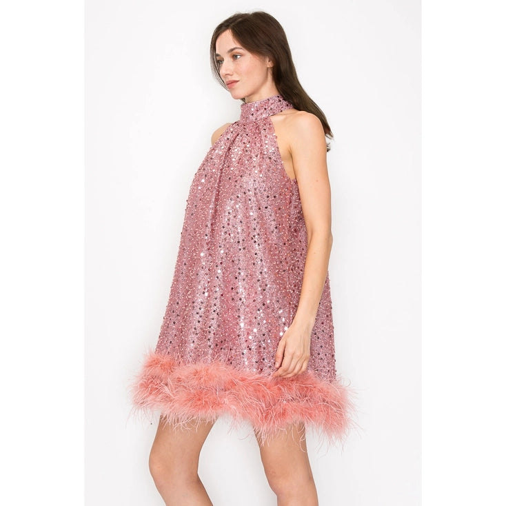 Leighton Blush Sleeveless Sequin Halter A Line Mini Dress with Feather Hem