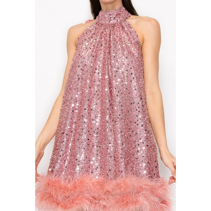 Leighton Blush Sleeveless Sequin Halter A Line Mini Dress with Feather Hem