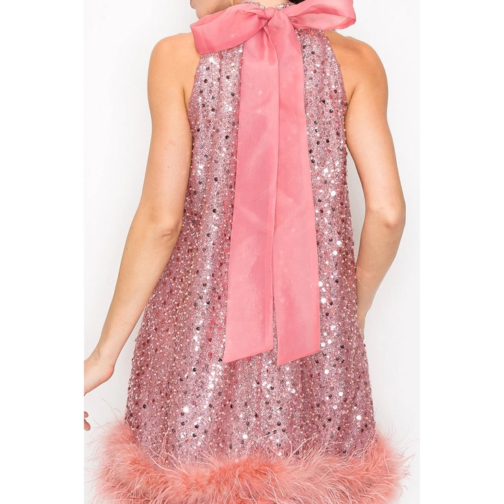 Leighton Blush Sleeveless Sequin Halter A Line Mini Dress with Feather Hem