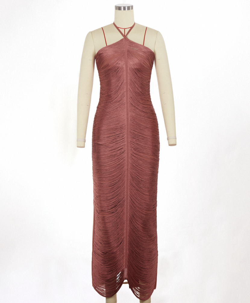 Cheira Sleeveless Halter Draped Fringe Maxi Dress