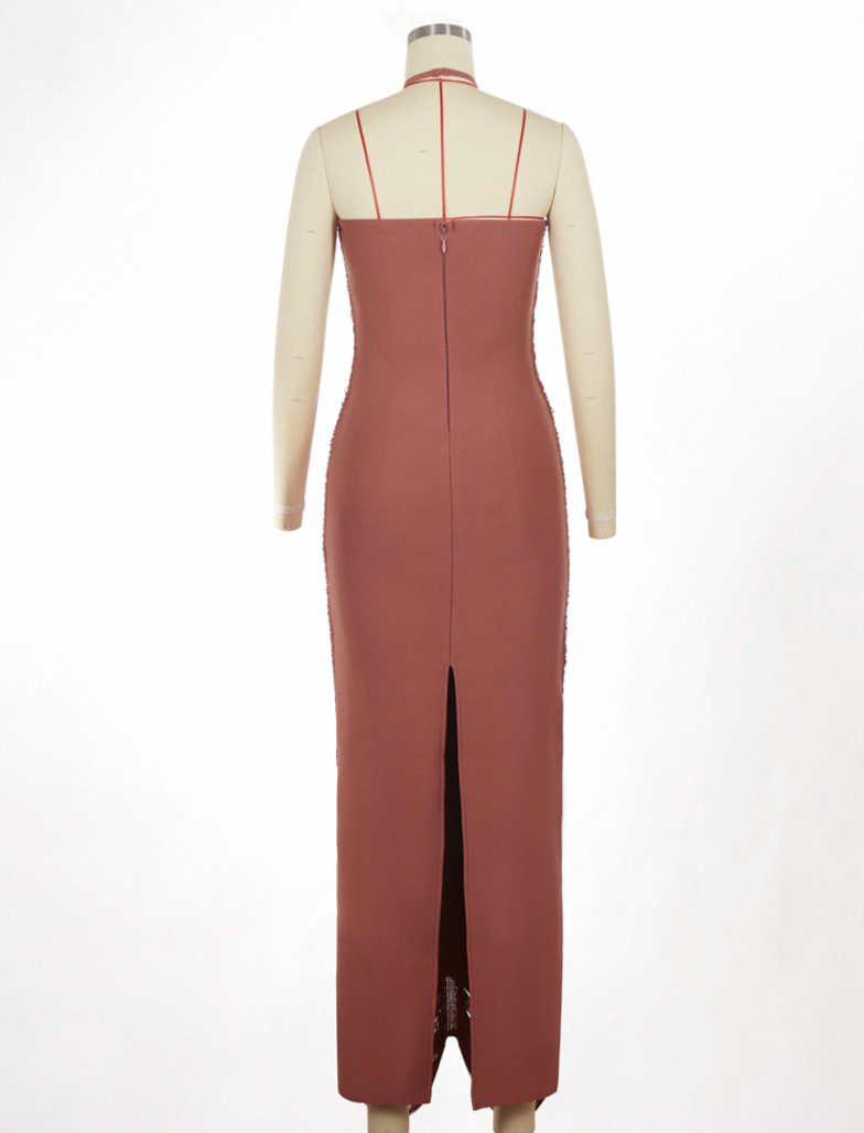 Cheira Sleeveless Halter Draped Fringe Maxi Dress