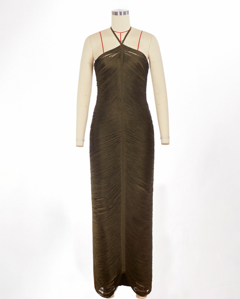 Cheira Sleeveless Halter Draped Fringe Maxi Dress