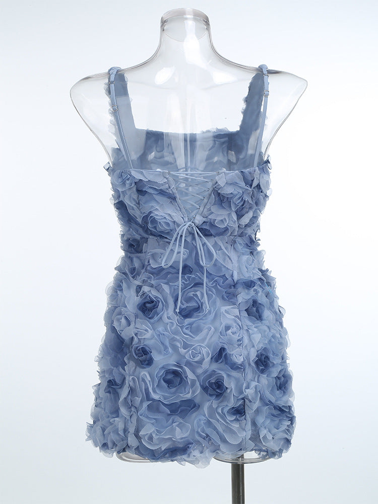 Katina Sleeveless Lace Back 3D Rose Mini Dress