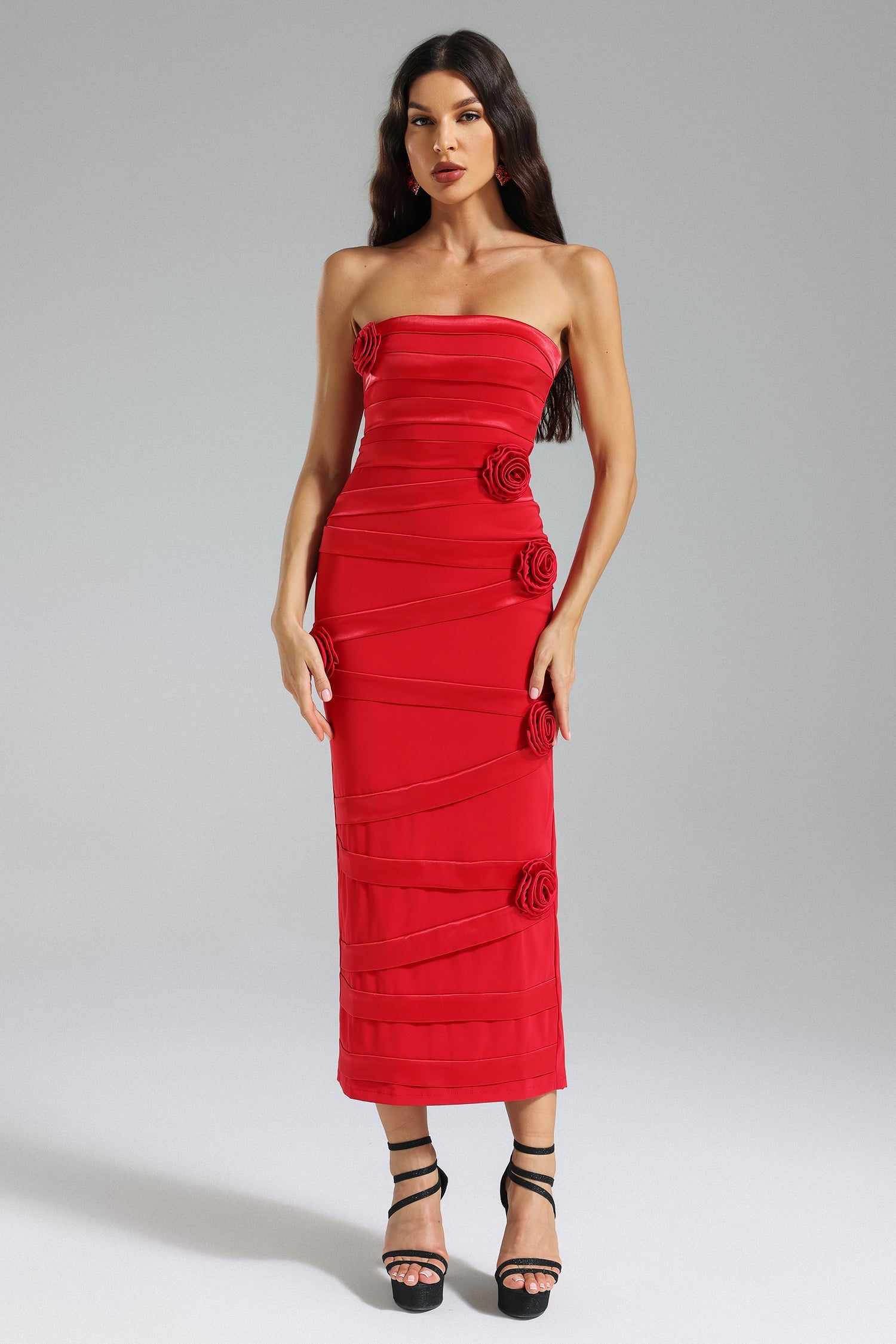 Alinda Red Strapless 3D Rose Detail Midi Bandage Dress