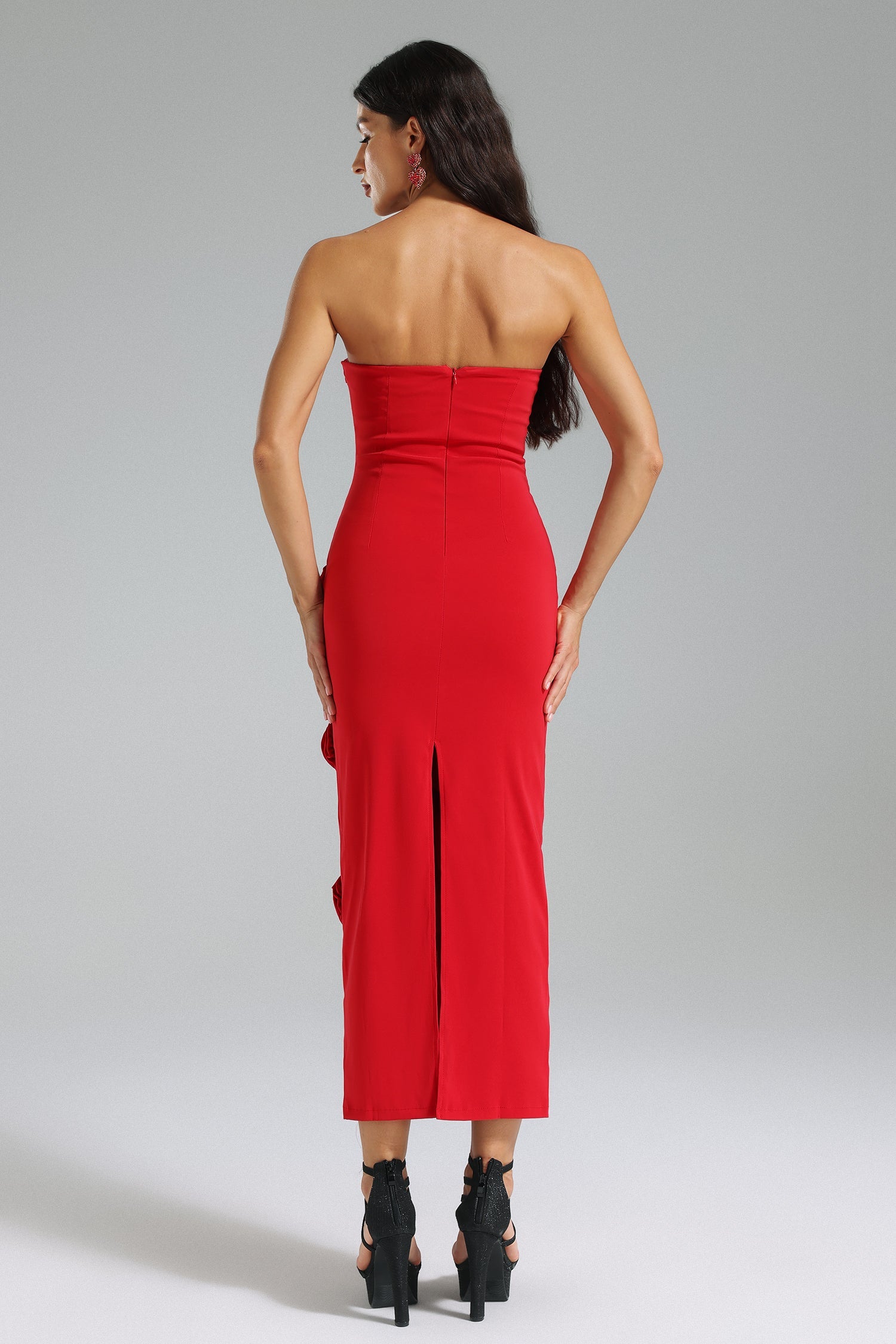 Alinda Red Strapless 3D Rose Detail Midi Bandage Dress